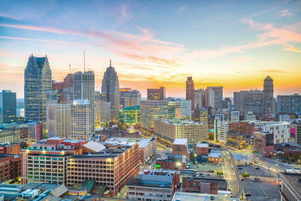 Aerial view of downtown Detroit at sunset in Michigan - The Inn At 97